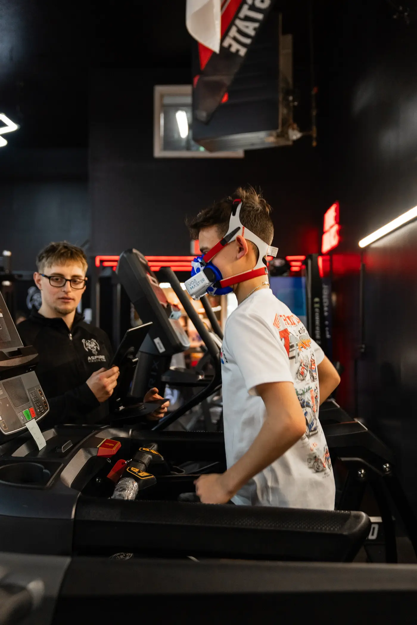 An athlete wearing a VO2 Master mask during metabolic testing at Aspire