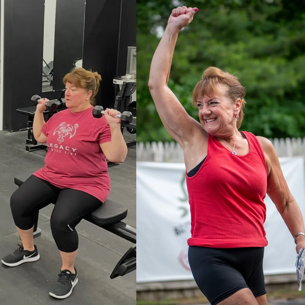Jacqueline's before and after: from her first sessions to arms raised in triumph after losing 100 pounds with Aspire's group training